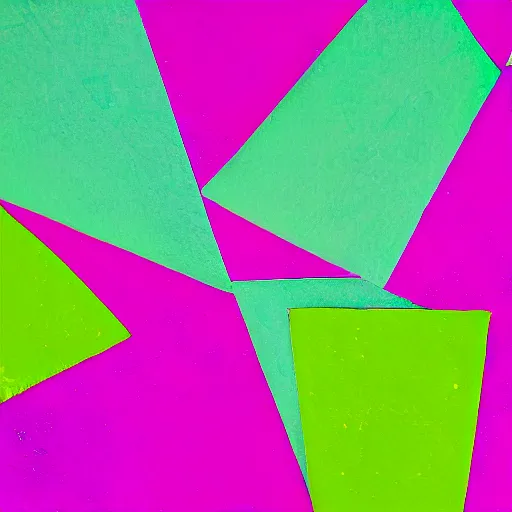 Prompt: abstract paper collage in hot pink, lime green, and purple; highly detailed; torn edges