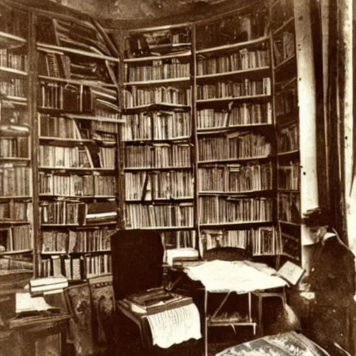 Image similar to old photographs of chaotic interiors full of paintings and books