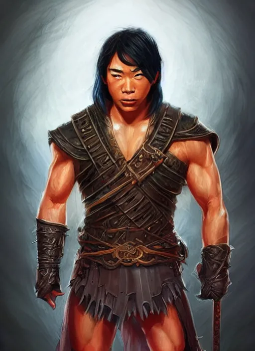 Image similar to muscly asian man with medium black parted hair, dndbeyond, bright, colourful, realistic, dnd character portrait, full body, pathfinder, pinterest, art by ralph horsley, dnd, rpg, lotr game design fanart by concept art, behance hd, artstation, deviantart, hdr render in unreal engine 5