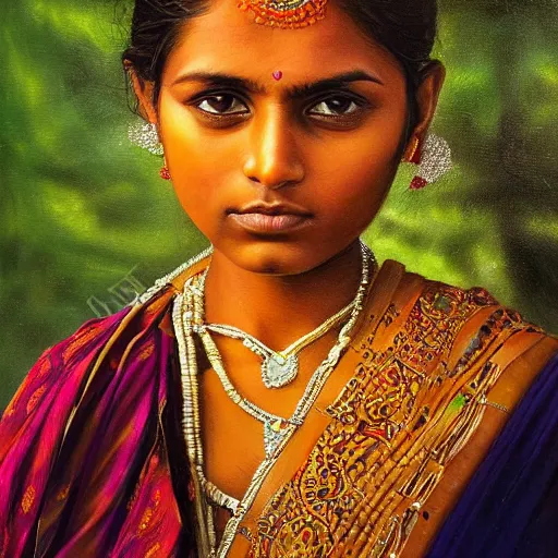 Image similar to stunning, breathtaking, awe - inspiring award - winning concept art portrait painting by steve mccurry of a beautiful young hindu woman with short, wavy hair, wearing a colorful sari