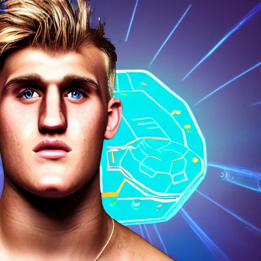 Image similar to a realistic detailed photo of boxer & youtuber jake paul with a mind control chip on his head, blank stare, shiny skin