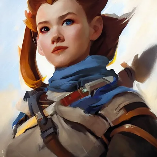 Image similar to greg manchess portrait painting of a aloy as overwatch character, medium shot, asymmetrical, profile picture, organic painting, sunny day, matte painting, bold shapes, hard edges, street art, trending on artstation, by huang guangjian and gil elvgren and sachin teng