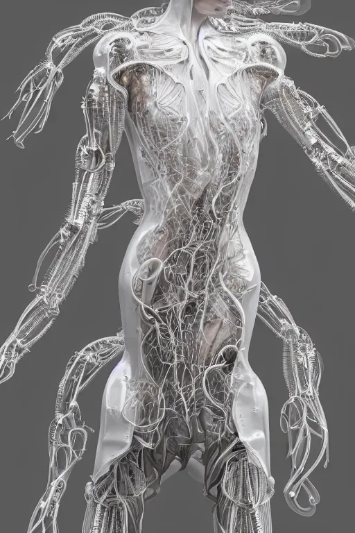 Image similar to iris van herpen, perfect symmetrical body, full body shot, inflateble shapes, wires, tubes, veins, jellyfish, white biomechanical details, wearing epic bionic cyborg implants, masterpiece, intricate, biopunk, vogue, highly detailed, artstation, concept art, cyberpunk, octane render