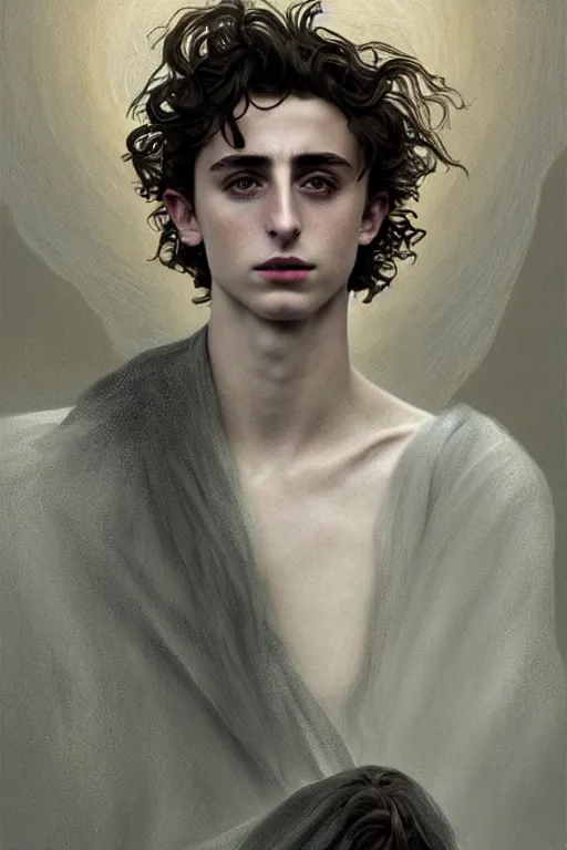 Image similar to portrait of timothee chalamet as dream of the endless, the sandman, grey clothes, in persian temple wet night, sci - fi and fantasy, intricate and very very beautiful and elegant, highly detailed, digital painting, artstation, concept art, smooth and sharp focus, illustration, art by tian zi and wlop and alphonse mucha