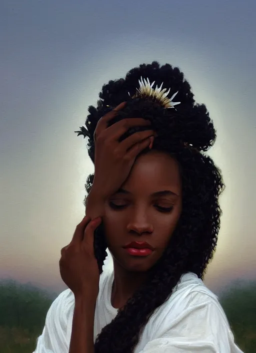 Image similar to oil painting close up portrait of a contemplative young black woman with long dark flowing hair in a white dress, wearing a crown of lilies of the valley at sunset, hazy, digital art, chiaroscuro, artstation, cinematic, golden hour, digital art painting by greg rutkowski, william - adolphe bouguereau, hazy atmosphere, cinematic lighting