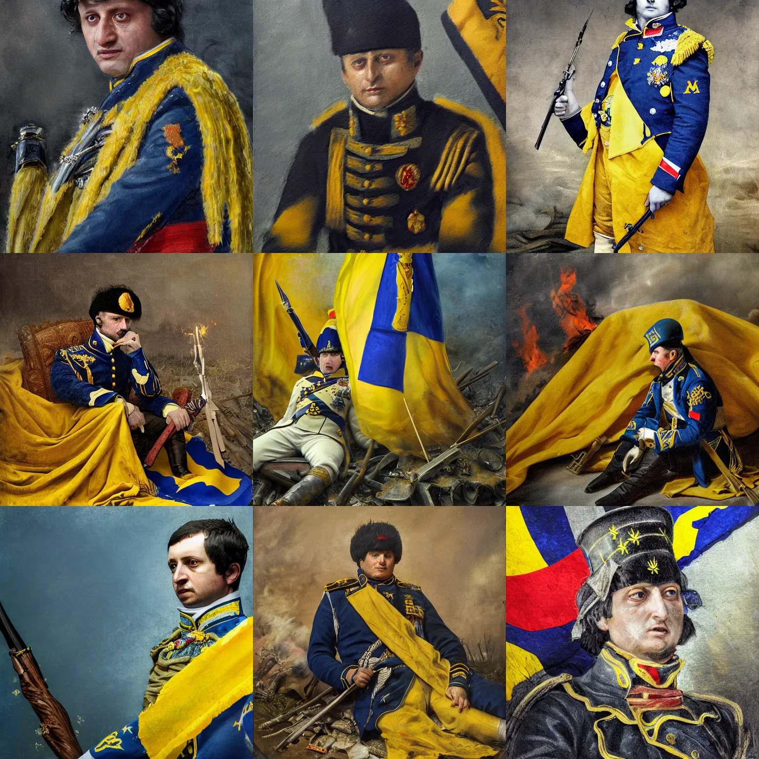 Prompt: Volodymyr Zelensky at war, dressed like Napoleon Bonaparte, sitting on the ground between dead corpses , crying and weeping, holding a half burnt blue and yellow flag of Ukraine, sharp focus, depth of field, hyper detailed, hyper realistic, High definition, in the style of Carolyn Cole