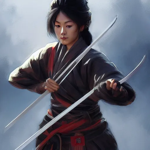 Image similar to female Samurai wielding a katana, highly detailed, digital painting, artstation, concept art, sharp focus, illustration, cinematic lighting, art by artgerm and greg rutkowski and alphonse mucha