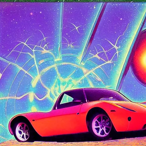 Image similar to A Tesla Roadster on its way to the stars, hippie counterculture art, sixties, psychedelic colors