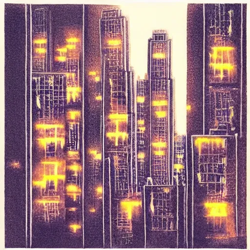 Prompt: Print. A beautiful, but eerie, illustration of a cityscape at night. The buildings are all tall and thin, and they are lit up by a strange light. The sky is deep and dark and there are no stars to be seen. DayGlo orange, ivory by Anne Geddes ghastly