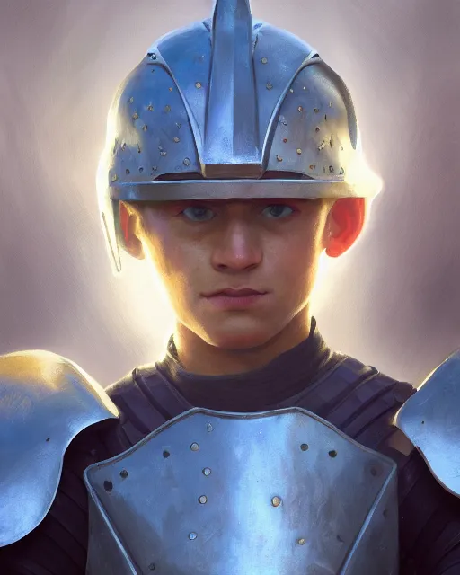 Image similar to macro closeup headshot of a boy wearing full plate armor, d & d, fantasy, rim light, volumetric lighting, digital painting, artstation, concept art, smooth, sharp focus, illustration, art by arney freytag, glamour pose, greg rutkowski, maxfield parrish and alphonse mucha, sunrise, new art nouveau, soft ambient lighting, particle effects