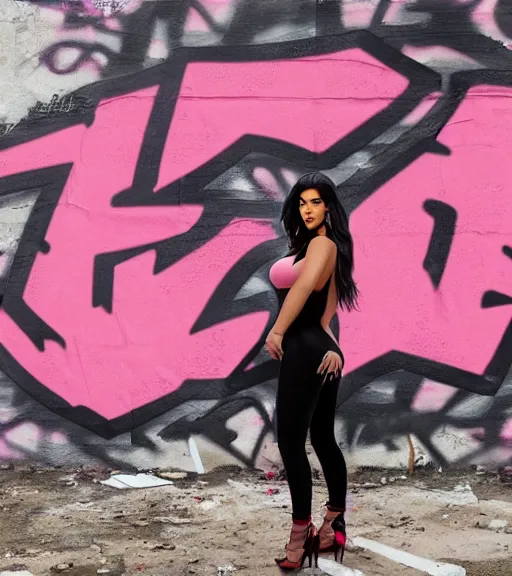 Prompt: kim kardashian doing a graffiti mural in a derelict school classroom, dust, rear-shot, pov from behind, very body skintight tiktok leggings with a pink v neck top, mold, intricate, epic lighting, cinematic composition, hyper realistic, 8k resolution, unreal engine 5