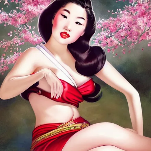 Image similar to pin - up portrait of a beautiful young mulan, pretty long hair, cherry blossoms, intense flirting, showing curves, symmetrical face, digital art, smooth, extremely detailed, model pose, by wu bayard, by gil elvgren, by ralph horsley, by hanks steve