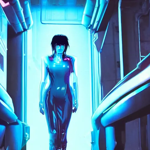 Image similar to cyberpunk Blade Runner 2077 Ghost in the Shell big bust beautiful synthwave witch girl in blue latex dress and blue latex gloves