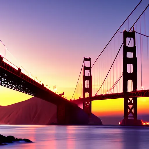 Image similar to a photo of golden gate bridge with a plane flying underneath at dusk