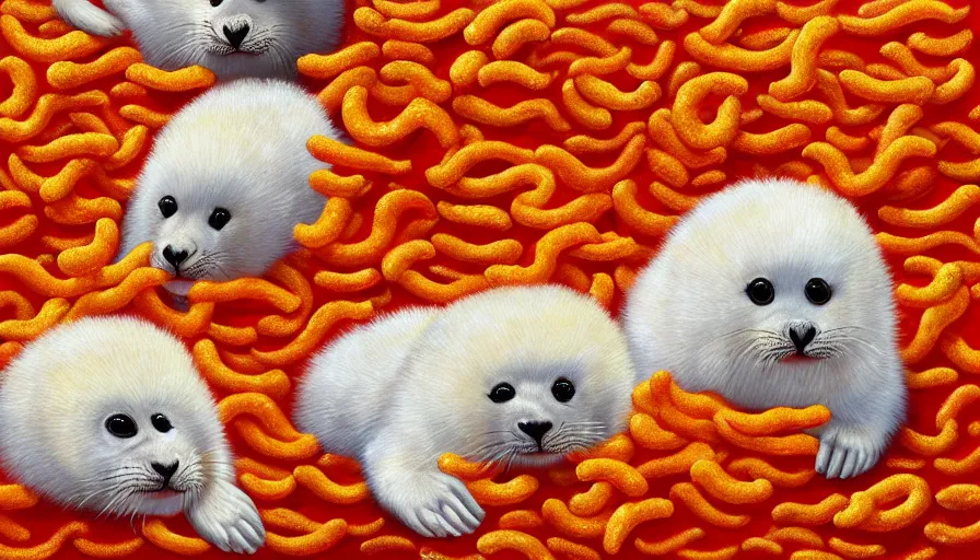 Image similar to highly detailed painting of cute furry white baby seals cuddling up in a big pile of wotsits and cheetos by william turner, thick brush strokes and visible paint layers, 4 k resolution