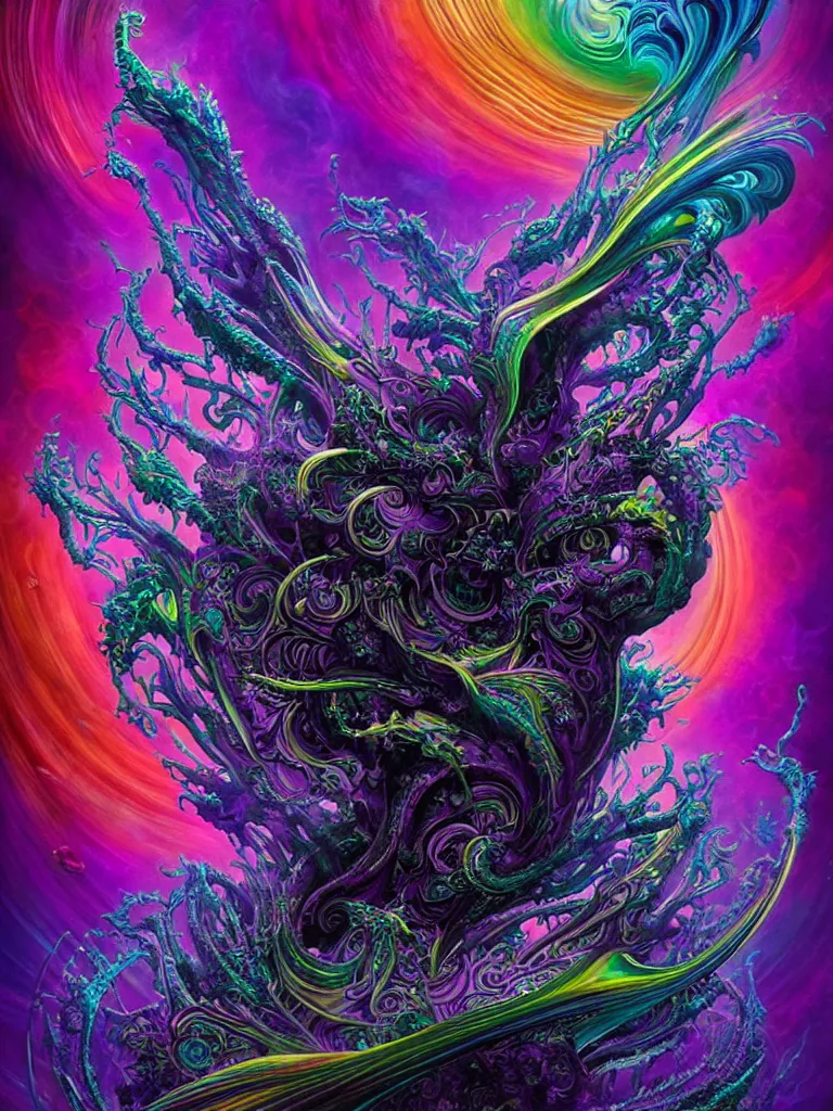 Image similar to depicting a wrathful technological nightmare monster god, in the style of lisa frank, exuberant organic elegant forms, by karol bak and filip hodas : : 1. 4 purple, red, blue, green, black intricate mandala explosions : : intuit art : : turbulent water backdrop : : damask wallpaper : : atmospheric