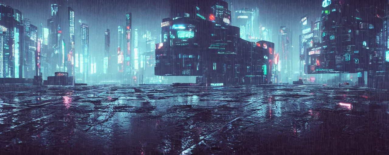 Image similar to cyberpunk landscape, synth, rainy, overcast, puddles