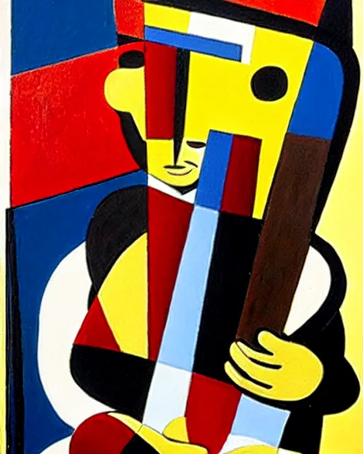 Image similar to a cubism portrait of willie nelson hugging his guitar, in the style of fernand leger, black and red
