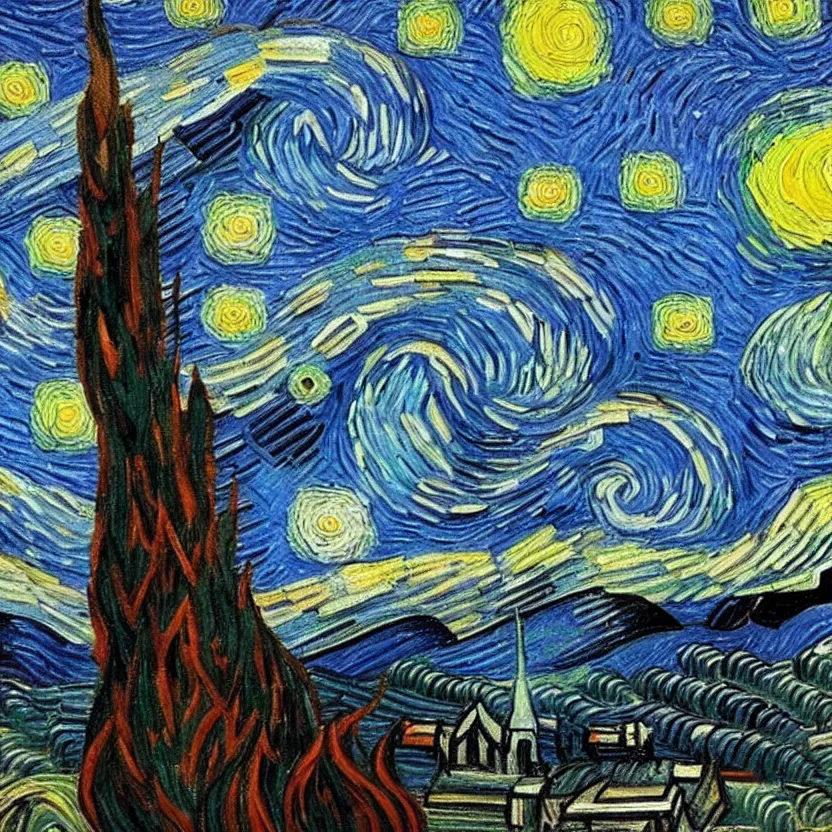 Image similar to An oil painting of a wise Elven King in the style of Starry Night by Vincent van Gogh