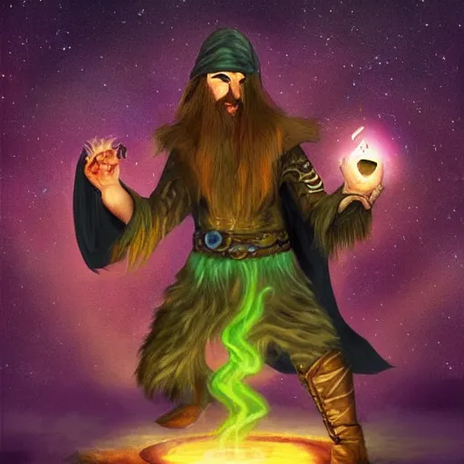 Image similar to dungeons and dragons, realistic,full body long hair goatee warlock with pet imp, magic aura, northern lights