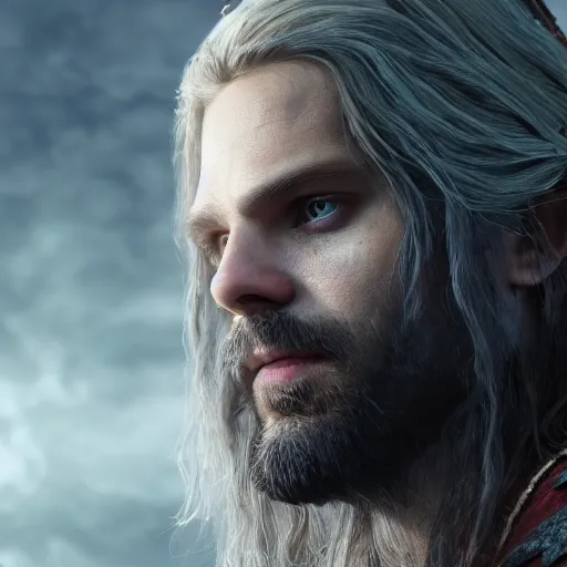 Image similar to a digital art close up portrait of pale sebastian stan as ancient druid mage from warcraft, old witcher with long beard character sheet, 4 k, ultra detail, volumetric lighting, unreal engine, octane render