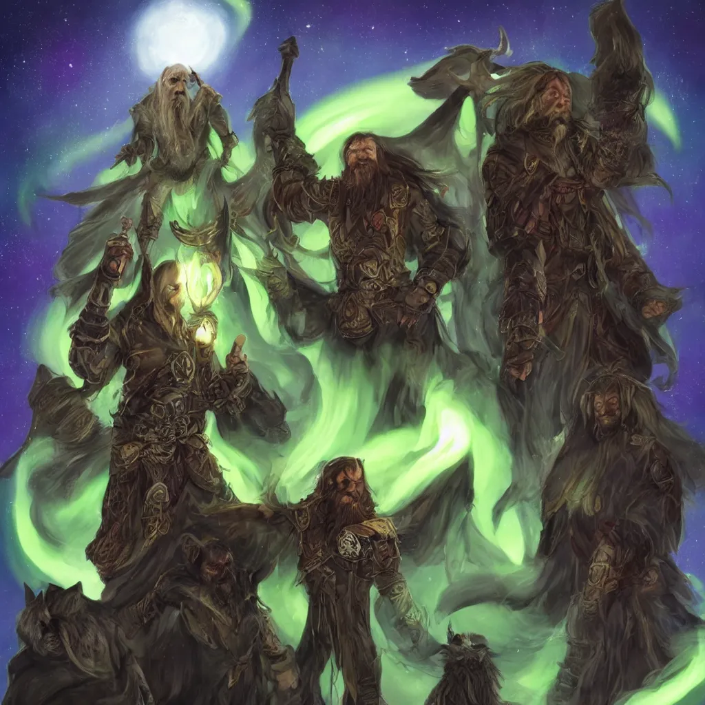 Image similar to dungeons and dragons, realistic,full body long hair goatee warlock with pet imp, magic aura, northern lights