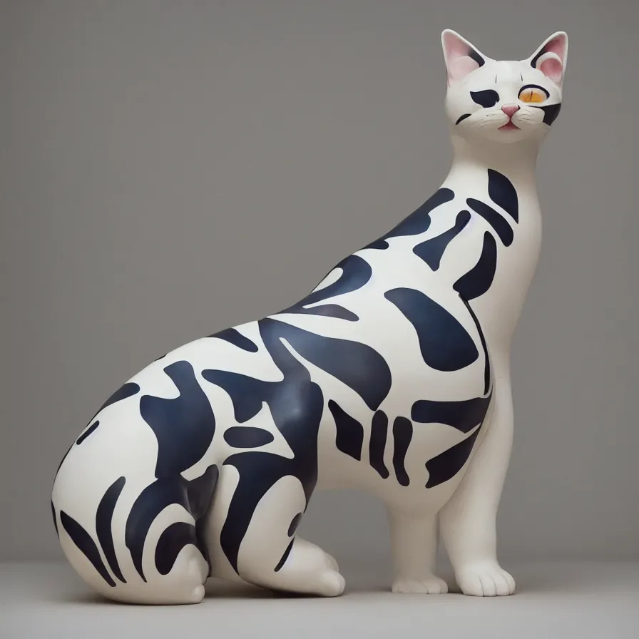 Image similar to beautiful gallery show studio photograph of a giant realistic curvy ceramic sculpture of a kitten cat!!!!!, glazed by bridget riley and victor vasarely, placed on a polished wooden table, colorful hyperrealism 8 k trending on artstation