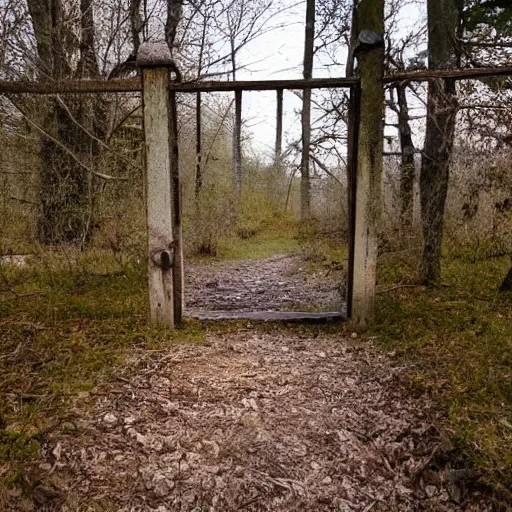 Image similar to path leading to an entrance with a gate to a forest with an abandoned wooden house