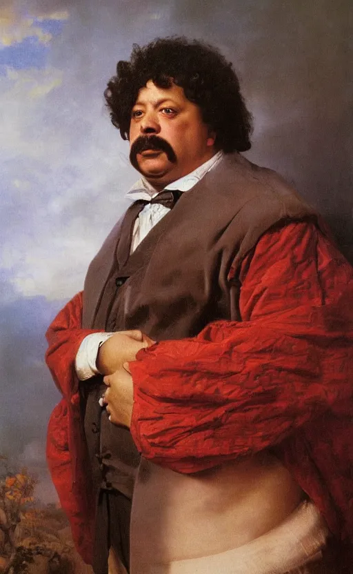 Image similar to Portrait of Alexandre Dumas, oil on canvas, highly detailed, by Kramskoy, 8k