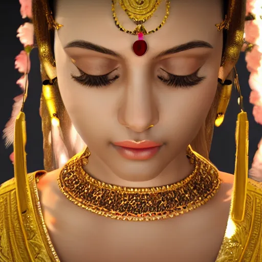 Image similar to a beautiful indian athletic slim female has a halo floating over her head like she was a holy person, the halo was made by a jeweler with gold with intricate details, unreal engine 5