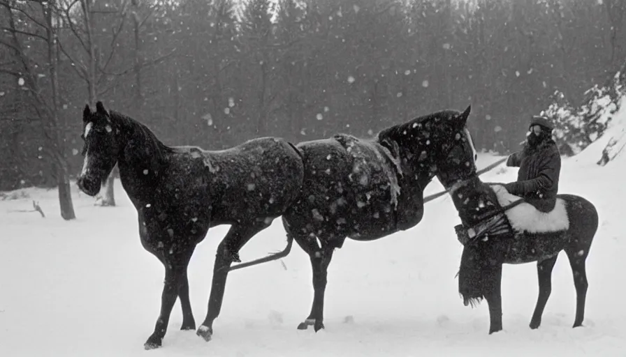 Prompt: 1 9 6 0 s movie still close up of marcus aurelius + horse both frozen to death under the snow by the side of a river with gravel, pine forests, cinestill 8 0 0 t 3 5 mm b & w, high quality, heavy grain, high detail, texture, dramatic light, anamorphic, hyperrealistic, detailed hair, foggy