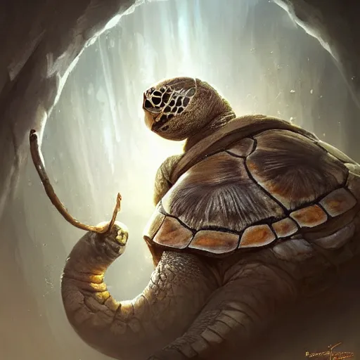 Image similar to cute wise sage turtle holding a staff, wearing a cloak, subsurface scattering, by jesper ejsing, justin gerard, tomasz alen kopera, cgsociety and fenghua zhong, highly detailed, rim light, cinematic lighting, illustration, art, octane render, very coherent, cinematic, hyper realism, high detail, octane render, 8 k