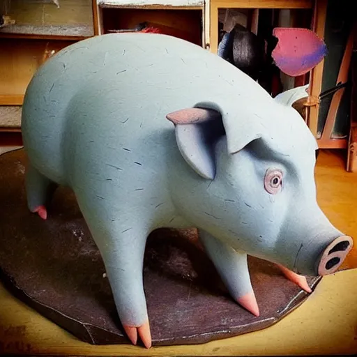 Image similar to “ a pig sculpture work in progress in an artist ’ s studio, mixed materials ”