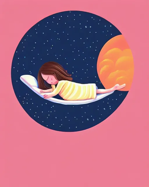Image similar to beautiful painting of little girl sleeping on her flying bed, art by petros afshar, sky night, illustration, highly detailed, simple, smooth and clean vector curves, no jagged lines, vector art, smooth, artstation