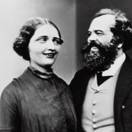 Prompt: Karl Marx and Ayn Rand laughing an hugging, photo, 1920, salon backround