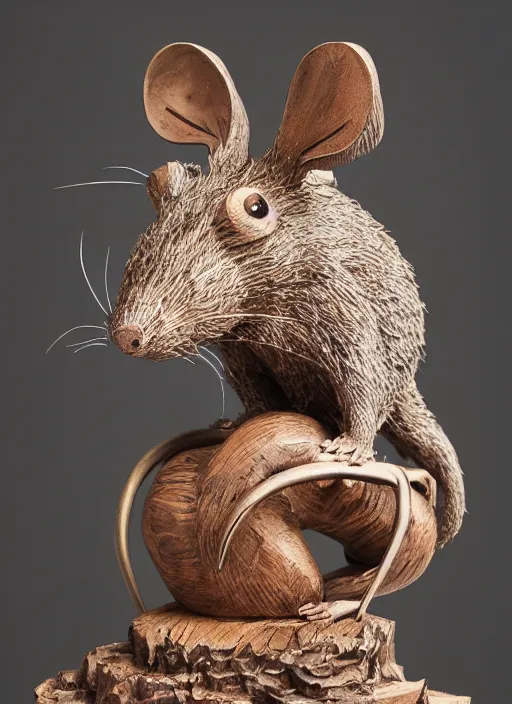 Image similar to sculpture of rat made of wood, portrait, female, future, wood, tree, harper's bazaar, vogue, magazine, insanely detailed and intricate, concept art, close up, ornate, luxury, elite, elegant, trending on artstation, by ruan jia, by Kenneth Willardt, by ross tran, by WLOP, by Andrei Riabovitchev,