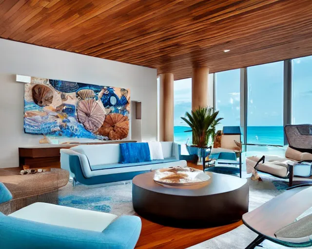 Image similar to A modern living room inspired by the ocean, a luxurious wooden coffee table with large seashells on top in the center, amazing detail, 8k resolution, blue color, calm, relaxed style, harmony, wide angle shot