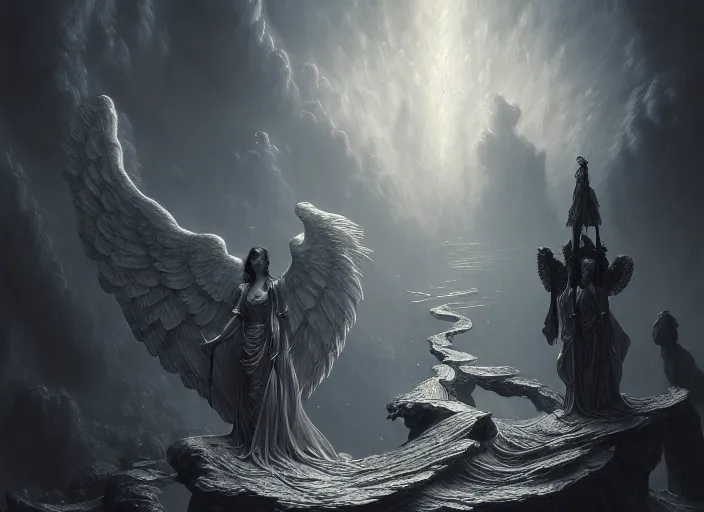 Image similar to heaven and angels, fantasy, dramatic, intricate, elegant, highly detailed, digital painting, artstation, concept art, smooth, sharp focus, illustration, art by Gustave Dore, octane render