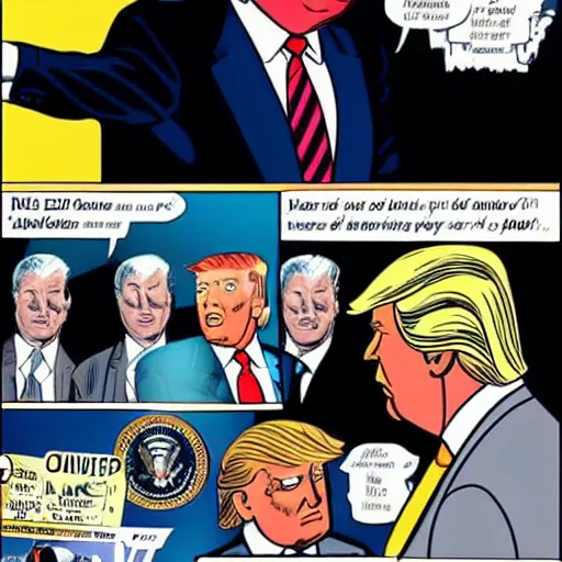Prompt: donald trump, comic book panels, white house,