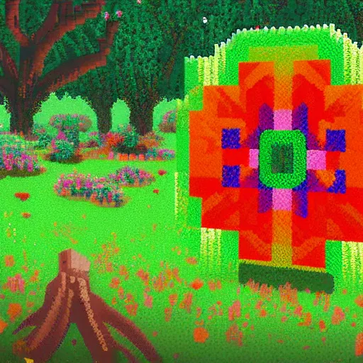 Prompt: overdetailed pixel art of a big flower on a beautiful meadow in the middle of a clearing of a forest, hd, cinematic