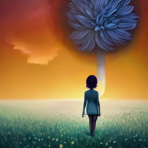 Image similar to giant daisy flower as a head, girl walking in field, surreal photography, moon light, dark night, dramatic, impressionist painting, clouds, digital painting, artstation, simon stalenhag