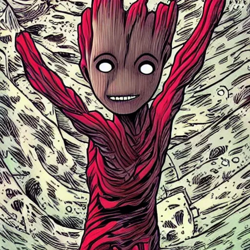 Image similar to Baby Groot, junji ito, scary, weird, marvel,