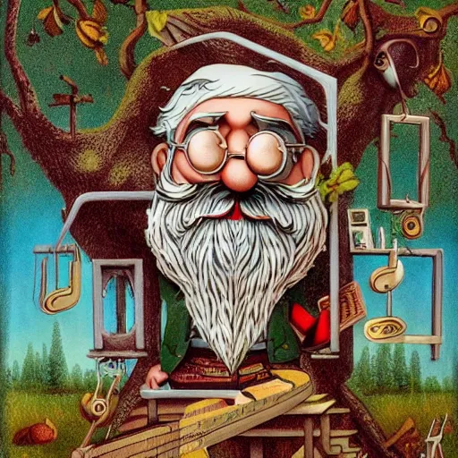 Image similar to old man white beard playing a synthesizer in a tree house, notes and clefs listening , lowbrow surrealistic, in the style of Mark Ryden,