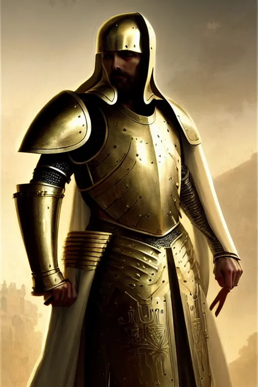 Prompt: white man looking forward in iron decorated plate armor with golden cross decorated on chest, cylindrical crusader great helm covering all his head and white silk cape covering his back and elbows standing at the gates of jerusalem drawn by greg rutkowski realistic high detail