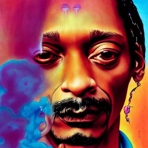 Prompt: colour masterpiece surreal closeup portrait photography of snoop dogg by miho hirano and annie leibovitz and michael cheval, psychedelic smoke background by kilian eng and roger dean and salvador dali and beksinski, 8 k