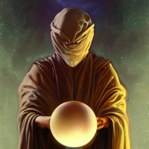 Prompt: creator of worlds wearing a cloak, masked, and holding a holographic planet projection in his hand, detailed, sci - fi, digital painting, artstation, sharp focus, illustration, ominous, artgerm, syd mead, tomasz alen kopera, peter mohrbacher, donato giancola, joseph christian leyendecker, wlop, frank frazetta