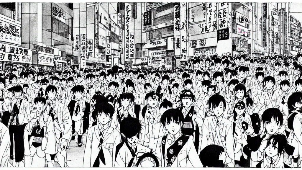 Image similar to manga drawing of a parade on the streets Tokyo everyone in the parade is wearing a pig mask and is dressed in pink and wearing pig masks, film still from the an anime directed by Katsuhiro Otomo with art direction by Salvador Dalí, wide lens