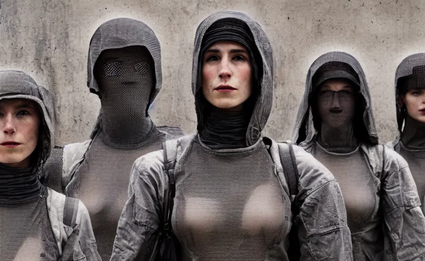 Image similar to cinestill 5 0 d photographic portrait by helen levitt of a group of android women wearing rugged black mesh techwear in a cement maze, extreme closeup, modern cyberpunk, minimalism, dust storm, 8 k, hd, high resolution, 3 5 mm, f / 3 2, ultra realistic faces, intricate detail, ex machina