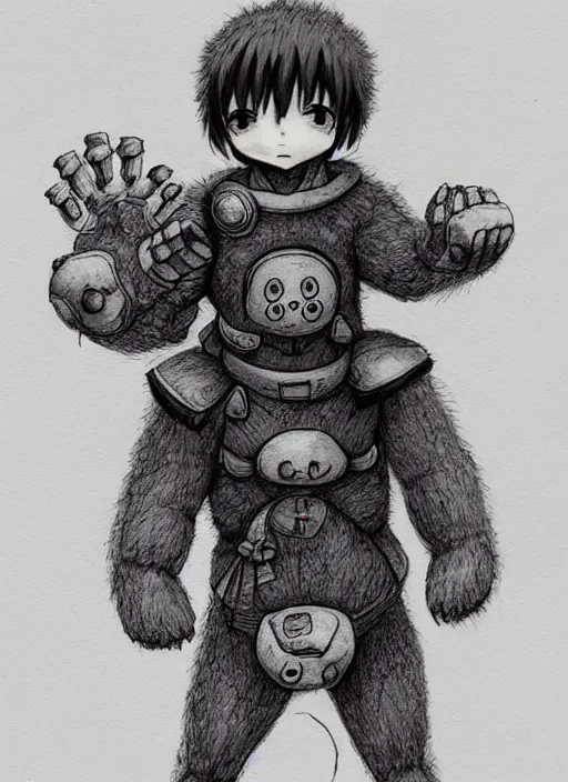 Image similar to beautiful little boy wearing an cyborg bear suit, artwork in kentaro miura and made in abyss and rosdraws, smooth, beautiful lightness, anatomically correct, trending on pixiv, forest