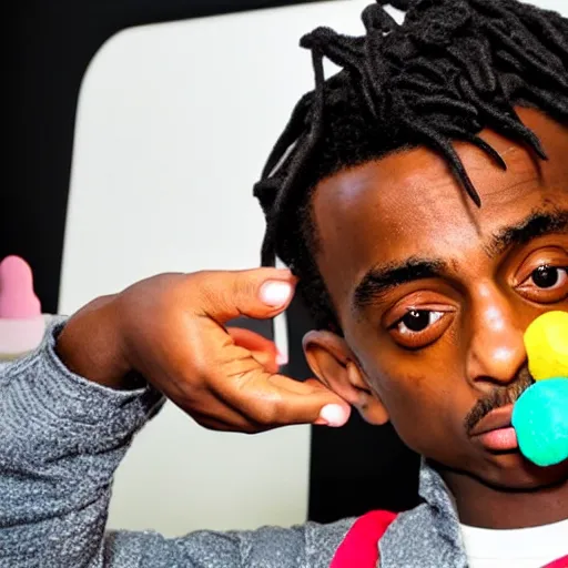 Prompt: playboi carti playing with playdoh, intensely focused